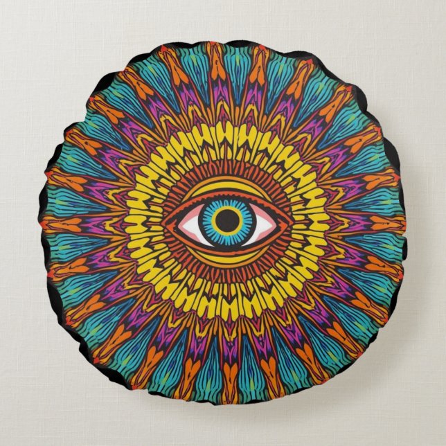 Retro 90s Mandala | Psychedelische Derde Oog Grafi Rond Kussen (Voorkant)
