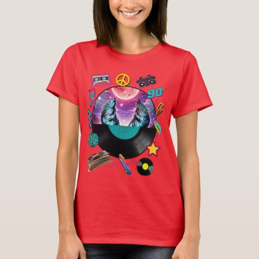 Retro 90s Midnight Wolf & Boombox Circular Collage T-shirt (Voorkant)