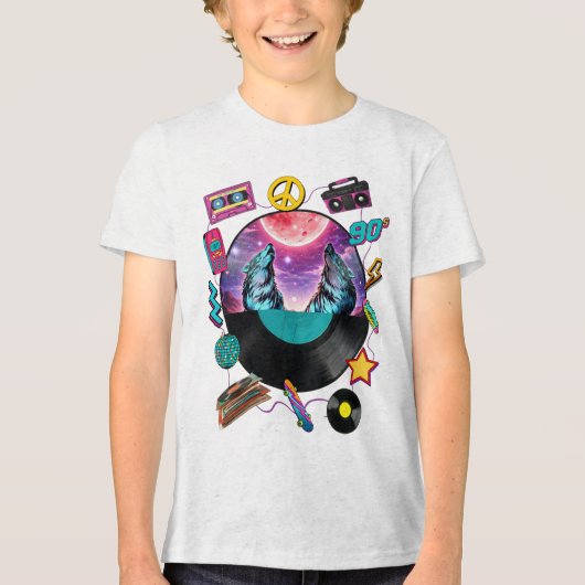 Retro 90s Midnight Wolf & Boombox Circular Collage Tri-Blend Shirt (Voorkant)