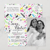 Retro 90's Neon Pink Green Blue Gellow Doodle Aankondigingskaart (Voorkant / Achterkant)