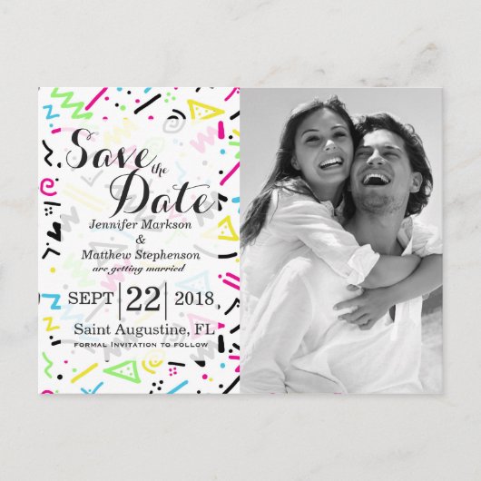 Retro 90's Neon Pink Green Blue Gellow Doodle Aankondigingskaart (Voorkant)