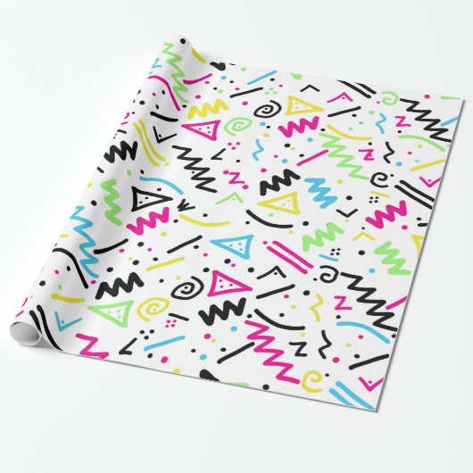 Retro 90's Neon Pink Green Blue Gellow Doodle Cadeaupapier (Uitgerold)