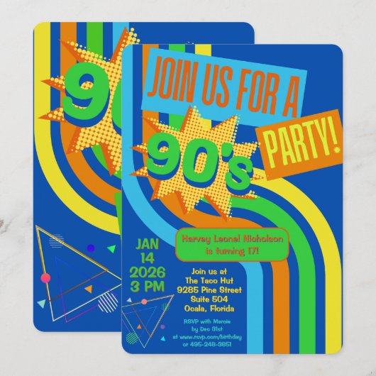 Retro 90's Party Bright Blue Nostalgische Verjaard Kaart (Voorkant / Achterkant)