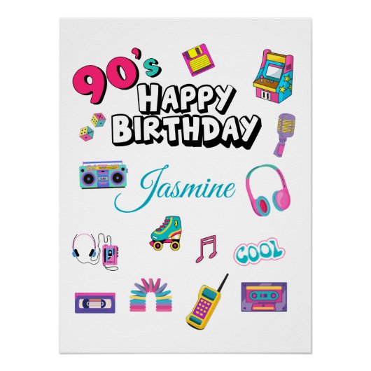 Retro 90s Party Custom Name Happy Birthday Poster (Voorkant)
