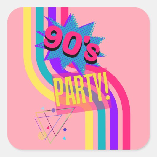Retro 90's Party Roze Nostalgische Verjaardag Vierkante Sticker (Voorkant)
