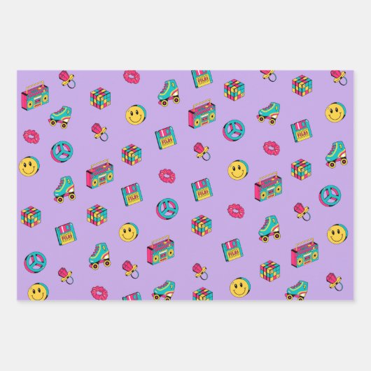Retro 90s patroon paarse roze blauwgroen partij inpakpapier vel (Voorkant 3)