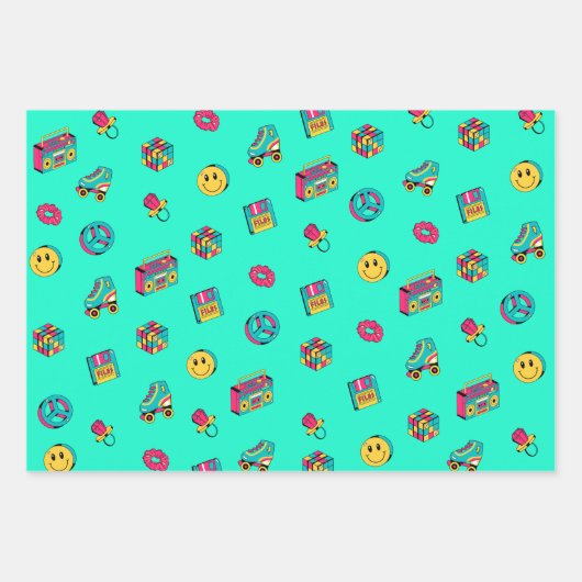 Retro 90s patroon paarse roze blauwgroen partij inpakpapier vel (Voorkant 2)