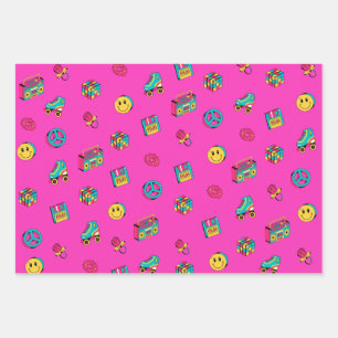 Retro 90s patroon paarse roze blauwgroen partij inpakpapier vel