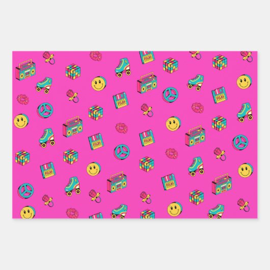 Retro 90s patroon paarse roze blauwgroen partij inpakpapier vel (Voorkant)
