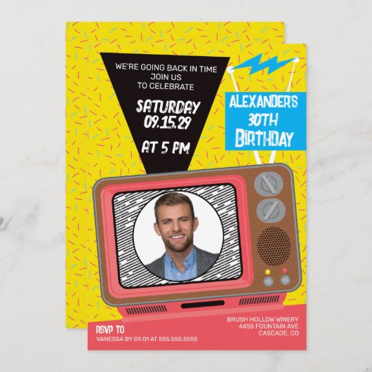 Retro 90's TV Verjaardag Uitnodiging (Voorkant / Achterkant)