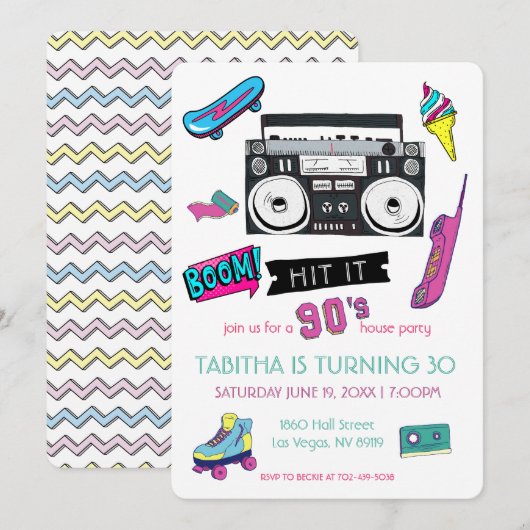Retro 90's verjaardagsfeest uitnodiging (Voorkant / Achterkant)