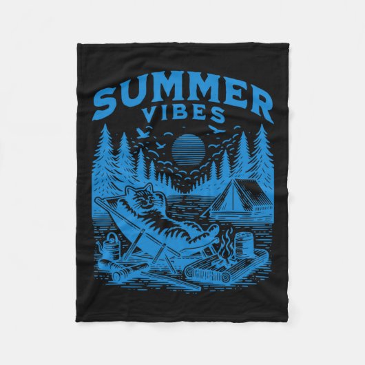 Retro 90s Zomer Vibes Kat Camping Grappige Kat Mem Fleece Deken (Voorkant)