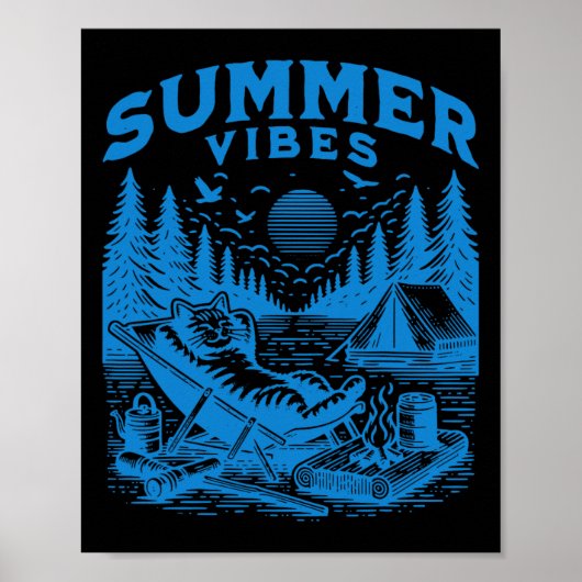 Retro 90s Zomer Vibes Kat Camping Grappige Kat Mem Poster (Voorkant)