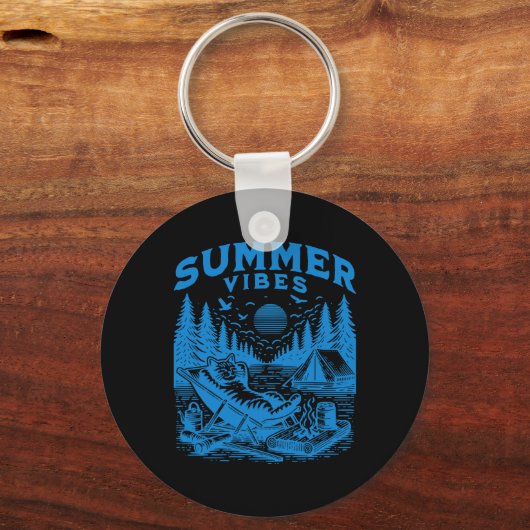 Retro 90s Zomer Vibes Kat Camping Grappige Kat Mem Sleutelhanger (Voorkant)