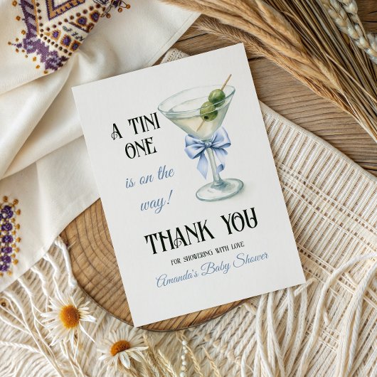 Retro A Tini One Martini Blue Bow Boy Baby Shower Bedankkaart
