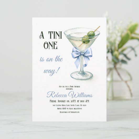 Retro A Tini One Martini Blue Bow Boy Baby shower Kaart (Staand voorkant)