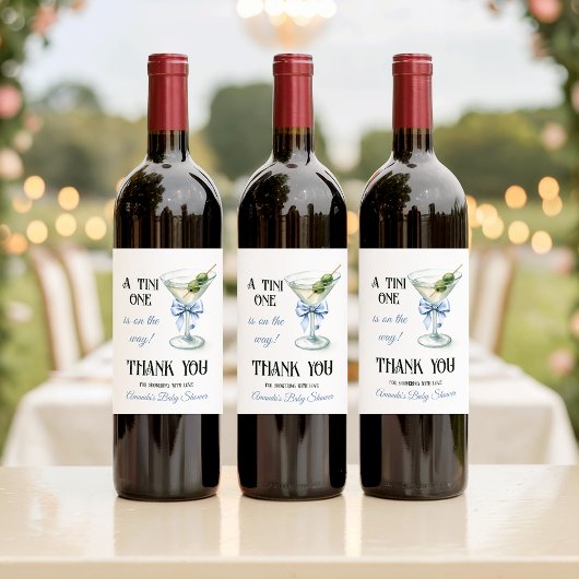 Retro A Tini One Martini Blue Bow Boy Baby Shower Wijn Etiket