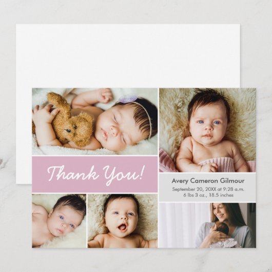 Retro Aangepaste Fotocollage Baby Meisje Geboorte Bedankkaart (Voorkant / Achterkant)