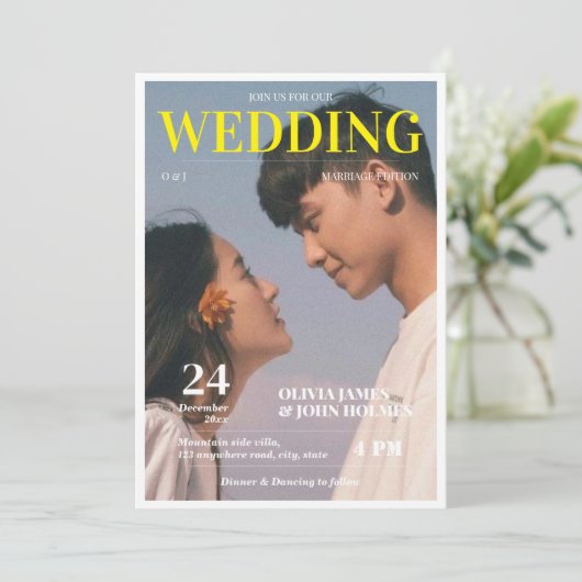 Retro, aangepaste fototijdschrift bruiloft kaart (Staand voorkant)