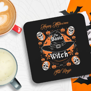 Retro aangepaste herfstthema griezelige heksenhoed bier onderzetter