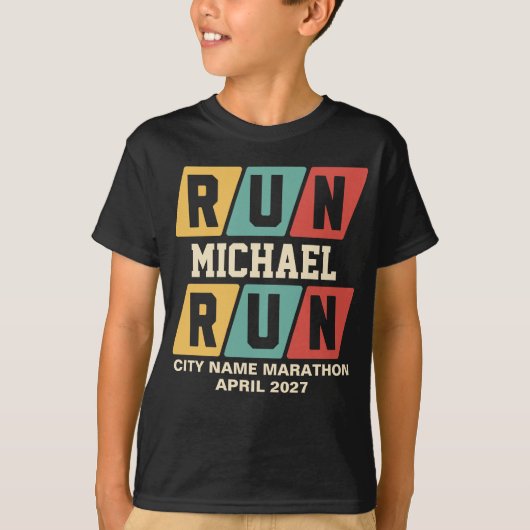Retro aangepaste naam marathon ondersteuning kinde t-shirt (Voorkant)