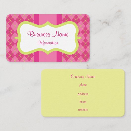 Retro aangepaste roze limoen argyle visitekaartjes (Voorkant / Achterkant)