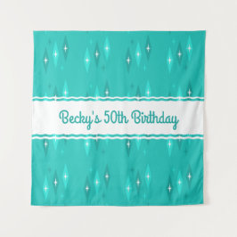 Retro aangepaste verjaardagsfeest Turquoise Wandkleed