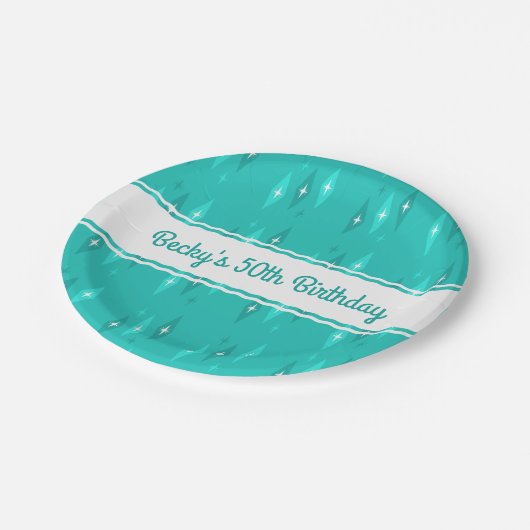 Retro Aangepaste Verjaardagsfeestje Turquoise Papieren Bordje (Gekanteld)