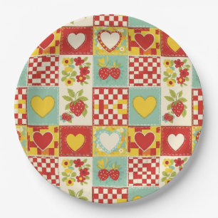 Retro Aardbei Patchwork Bloemmotief Papieren Bordje