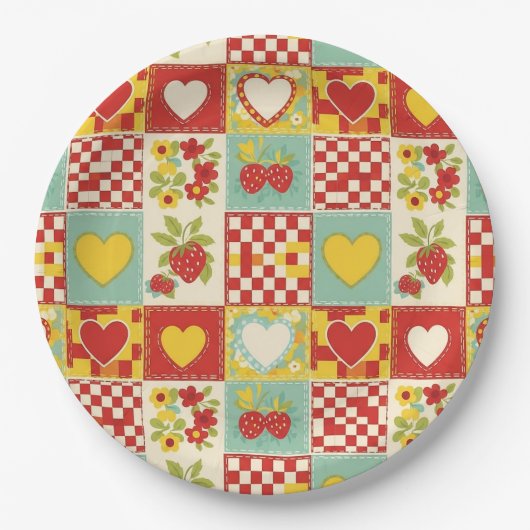 Retro Aardbei Patchwork Bloemmotief Papieren Bordje (Voorkant)
