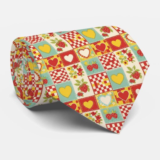 Retro Aardbei Patchwork Bloemmotief Stropdas (Opgerold)