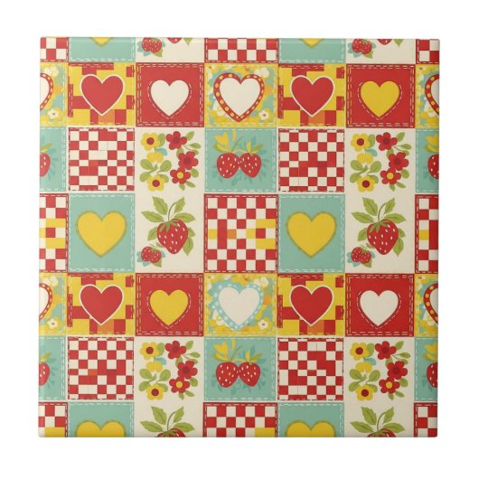 Retro Aardbei Patchwork Bloemmotief Tegeltje (Voorkant)