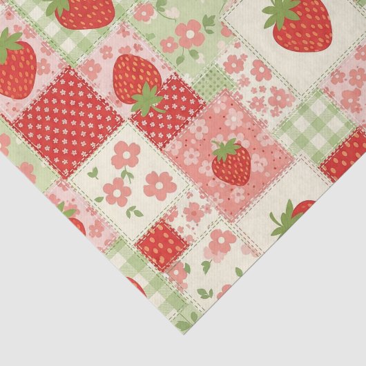 Retro Aardbei Picknick Patchwork Patroon Tissuepapier (Detail)