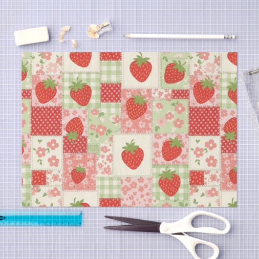 Retro Aardbei Picknick Patchwork Patroon Tissuepapier (Craft)