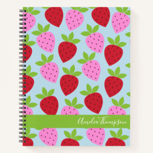 Retro Aardbeien fruitpatroon Blauw op maat Notitieboek