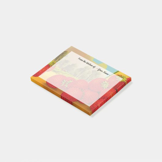 Retro aardbeien krat art bewerkbaar post-it® notes (Schuin)