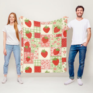 Retro Aardbeien Picknick Patchwork Patroon Fleece Deken