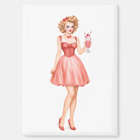 Retro Aardbeimilkshake Pin-Up Meisje Magneet (Voorkant)