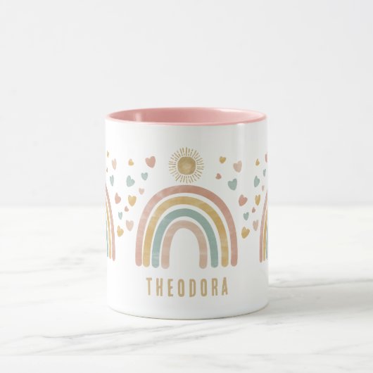 Retro Aardse Kleuren Regenboog & Zon Naam Mok (Midden)