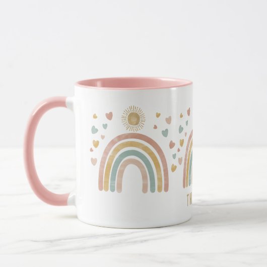 Retro Aardse Kleuren Regenboog & Zon Naam Mok (Links)