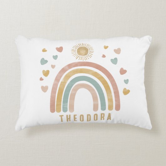 Retro aardse kleuren waterverf regenboog en zon  accent kussen (Voorkant)