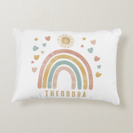 Retro aardse kleuren waterverf regenboog en zon  accent kussen (Achterkant)