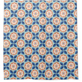Retro Abrikoos Navy Aqua Bloemen Patroon Douchegordijn (Voorkant)