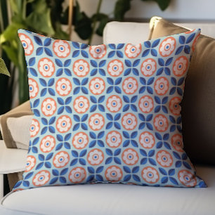 Retro Abrikoos Navy Aqua Bloemen Patroon Kussen