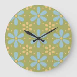 Retro Abstract blauw en Geel Bloemen Patroon Grote Klok