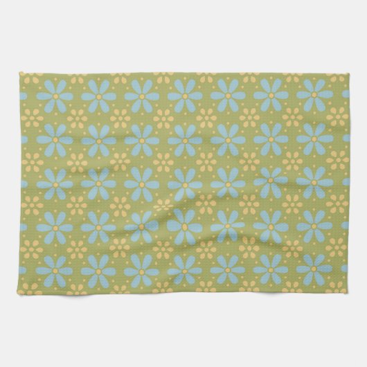 Retro Abstract blauw en Geel Bloemen Patroon Theedoek (Horizontaal)