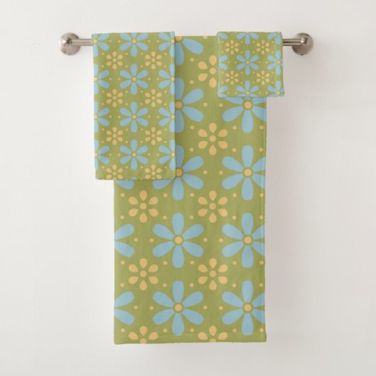 Retro Abstract Blauw en Gele Bloemen op Groen Bad Handdoek (Insitu)