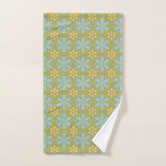 Retro Abstract Blauw en Gele Bloemen op Groen Bad Handdoek (Handdoek)