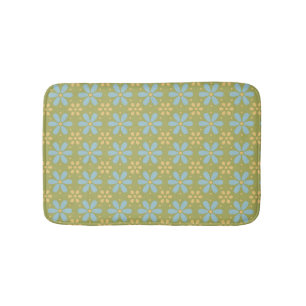 Retro Abstract Blauw en Gele Bloemen op Groen Badmat