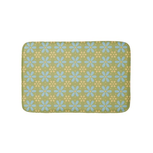 Retro Abstract Blauw en Gele Bloemen op Groen Badmat (Voorkant)